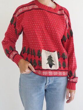 Vintage Northern Isle Red Trees Snowflake Pocket Ugly Christmas Knit Sweater M